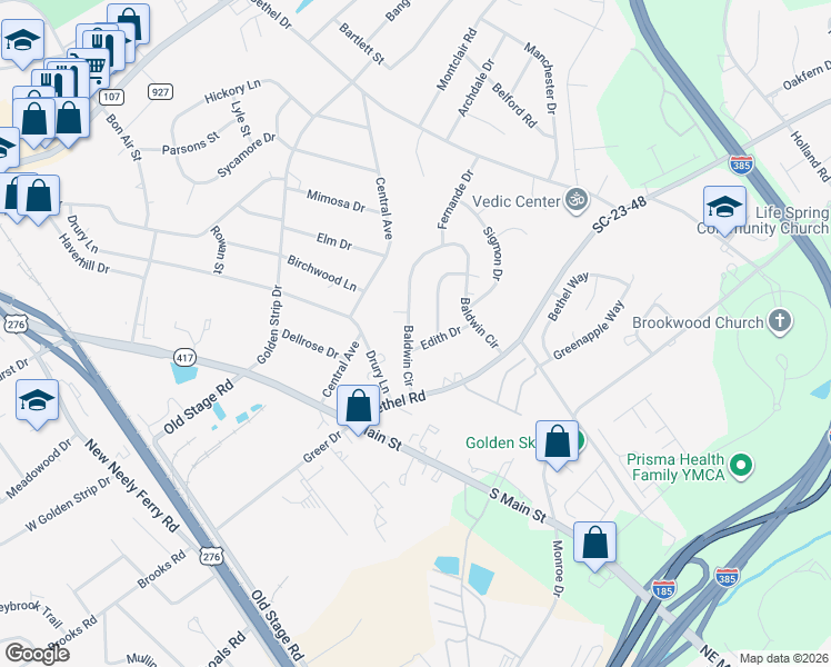 map of restaurants, bars, coffee shops, grocery stores, and more near 103 Baldwin Circle in Mauldin
