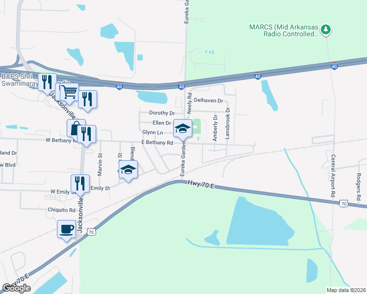 map of restaurants, bars, coffee shops, grocery stores, and more near 400 Eureka Garden Road in North Little Rock