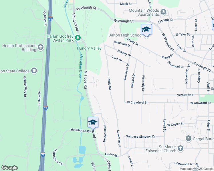 map of restaurants, bars, coffee shops, grocery stores, and more near 374 Castle Road in Dalton