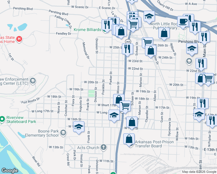 map of restaurants, bars, coffee shops, grocery stores, and more near 1816 Franklin Street in North Little Rock
