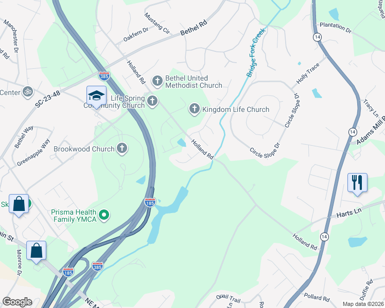 map of restaurants, bars, coffee shops, grocery stores, and more near 4 Cedar Ridge Lane in Simpsonville