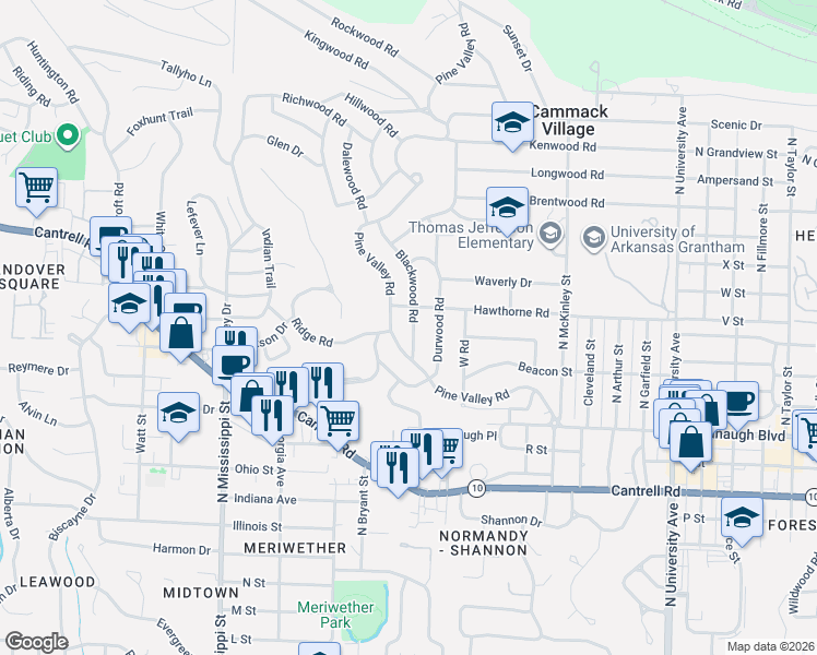 map of restaurants, bars, coffee shops, grocery stores, and more near 2217 Blackwood Road in Little Rock
