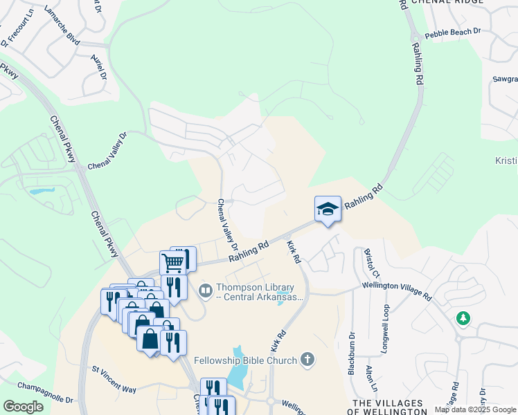 map of restaurants, bars, coffee shops, grocery stores, and more near 27 Chenal Village Circle in Little Rock