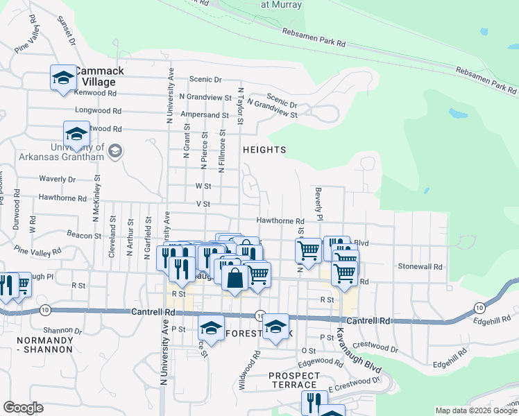 map of restaurants, bars, coffee shops, grocery stores, and more near 2 North Polk Street in Little Rock