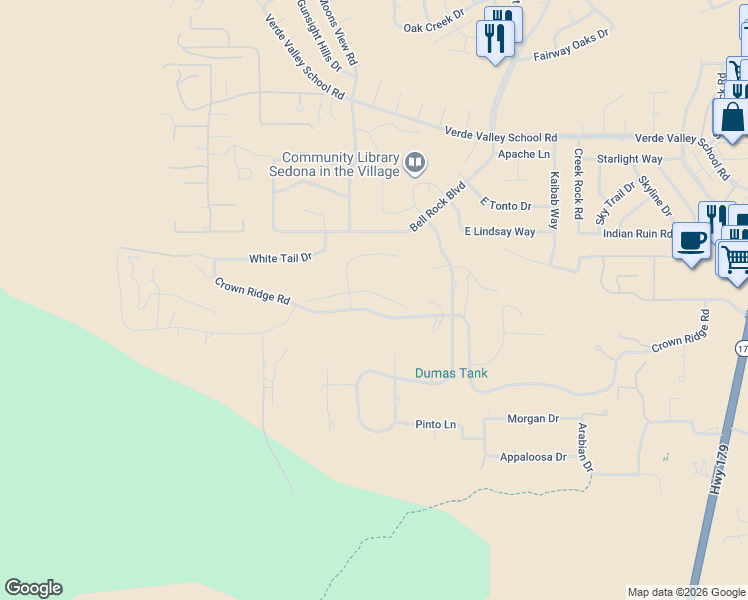 map of restaurants, bars, coffee shops, grocery stores, and more near 1110 Crown Ridge Road in Sedona
