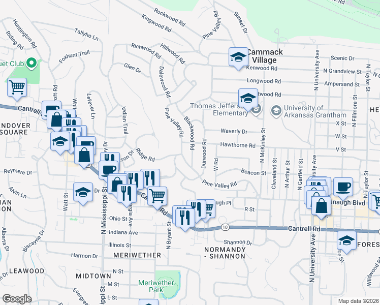 map of restaurants, bars, coffee shops, grocery stores, and more near 2217 Blackwood Road in Little Rock
