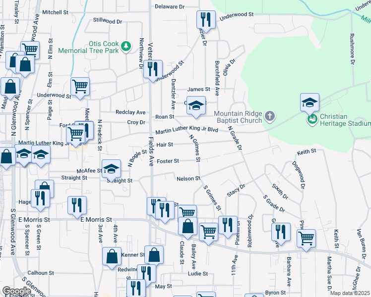 map of restaurants, bars, coffee shops, grocery stores, and more near 1109 Foster Street in Dalton