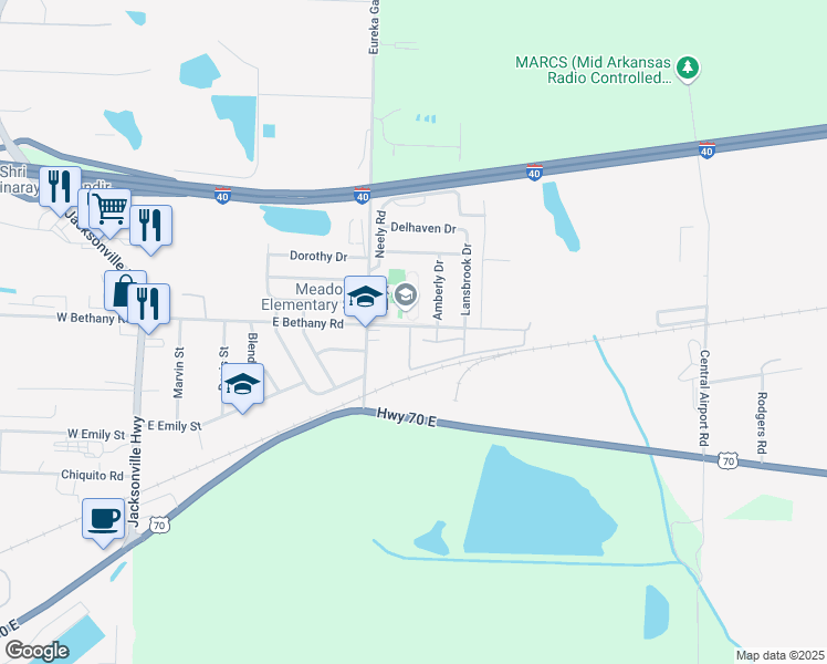 map of restaurants, bars, coffee shops, grocery stores, and more near 2106 Village Drive in North Little Rock