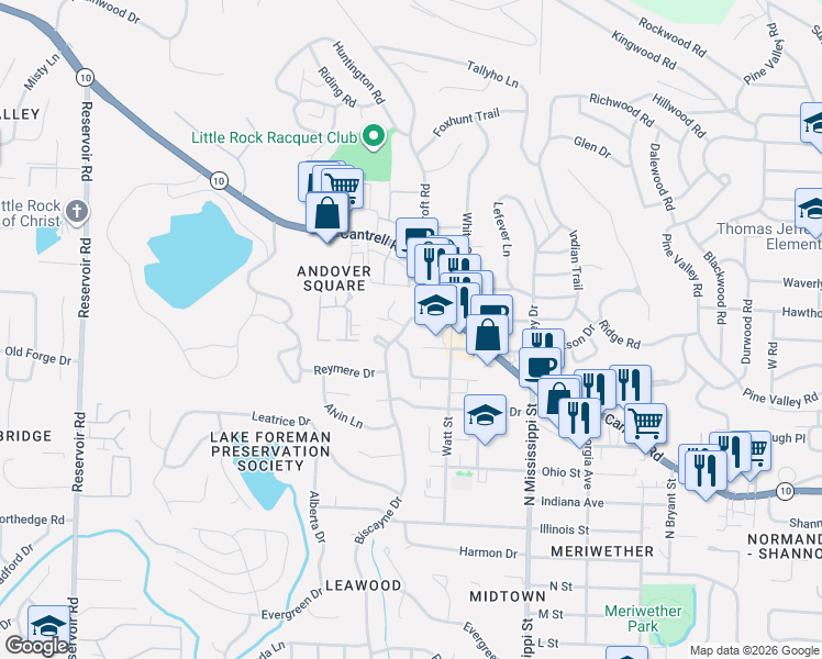 map of restaurants, bars, coffee shops, grocery stores, and more near 5 Delray Drive in Little Rock