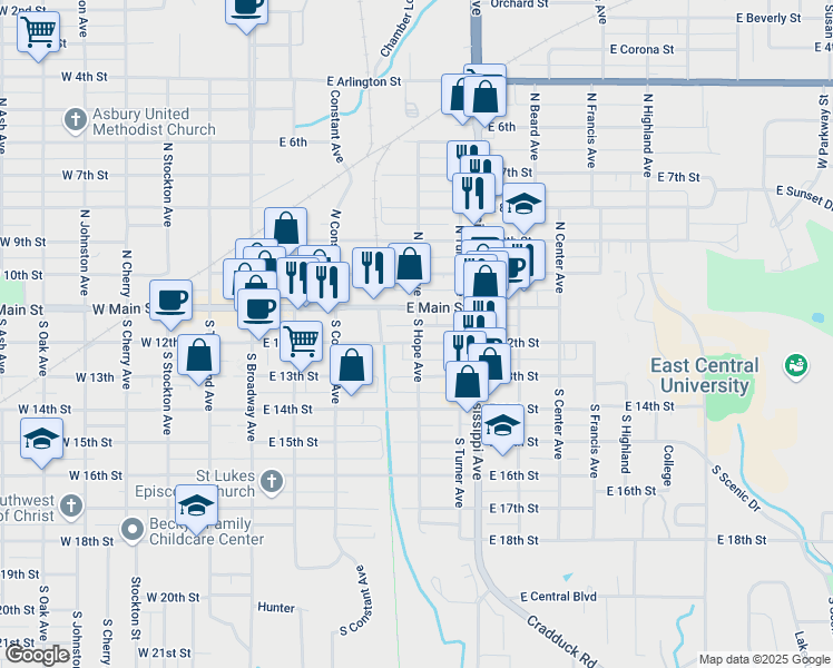 map of restaurants, bars, coffee shops, grocery stores, and more near 208 South Hope Avenue in Ada