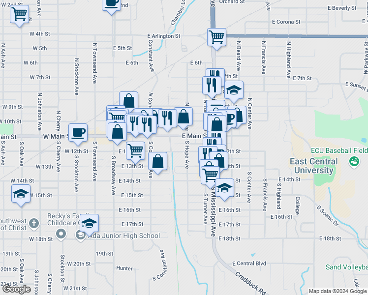 map of restaurants, bars, coffee shops, grocery stores, and more near 208 South Hope Avenue in Ada