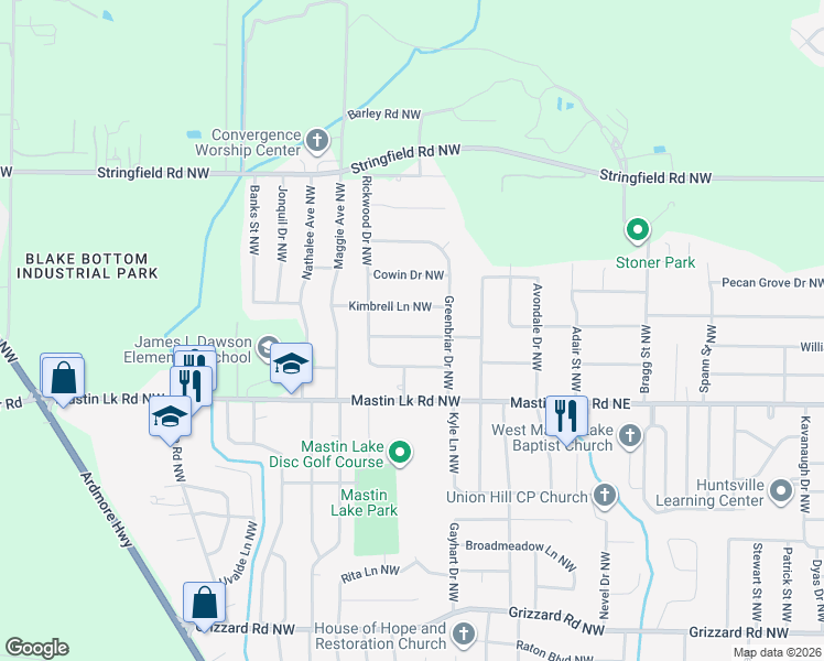 map of restaurants, bars, coffee shops, grocery stores, and more near 6012 Rickwood Drive Northwest in Huntsville