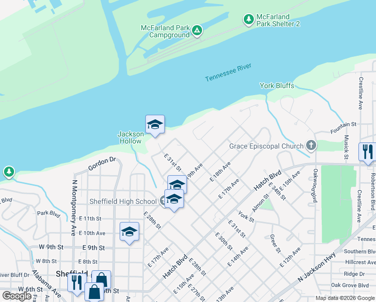 map of restaurants, bars, coffee shops, grocery stores, and more near 2001 East 32nd Street in Sheffield