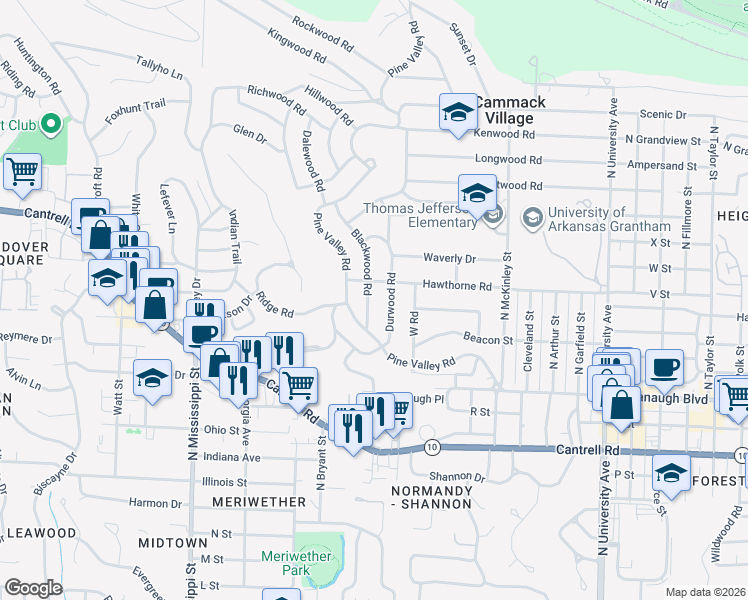 map of restaurants, bars, coffee shops, grocery stores, and more near 2217 Blackwood Road in Little Rock