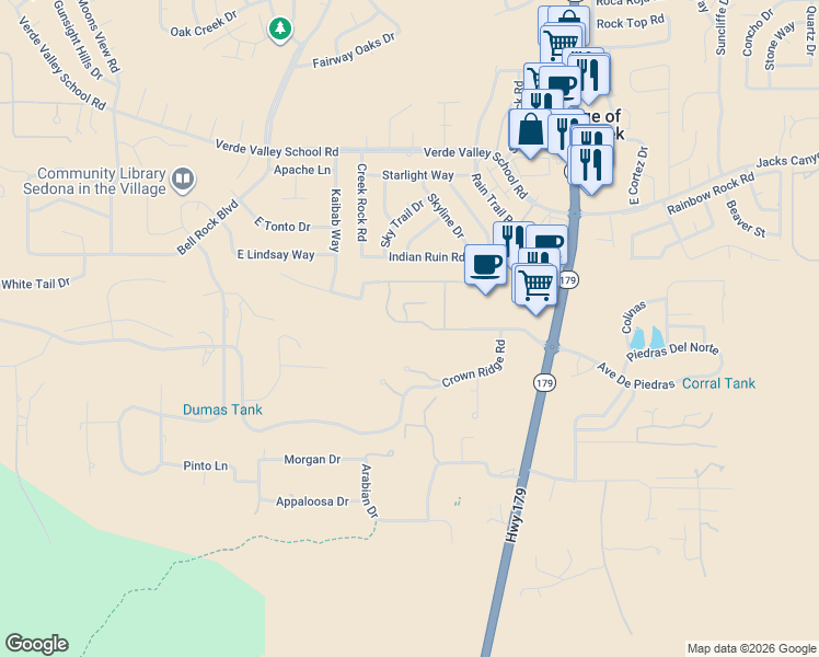 map of restaurants, bars, coffee shops, grocery stores, and more near 12 Golden Shadow Way in Sedona
