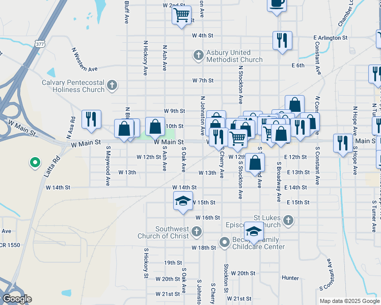 map of restaurants, bars, coffee shops, grocery stores, and more near 518 West 12th Street in Ada