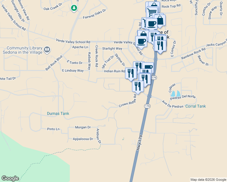 map of restaurants, bars, coffee shops, grocery stores, and more near 12 Golden Shadow Way in Sedona