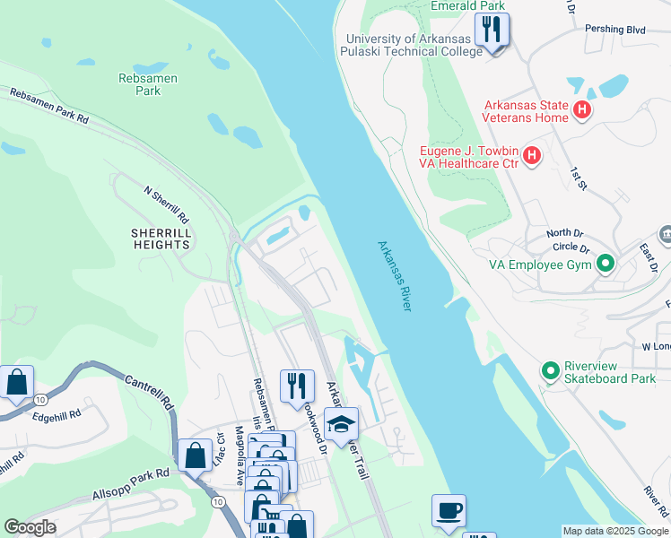 map of restaurants, bars, coffee shops, grocery stores, and more near 2400 Riverfront Drive in Little Rock