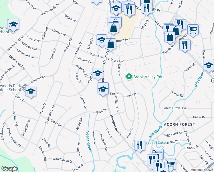 map of restaurants, bars, coffee shops, grocery stores, and more near 706 Henderson Drive in Jacksonville