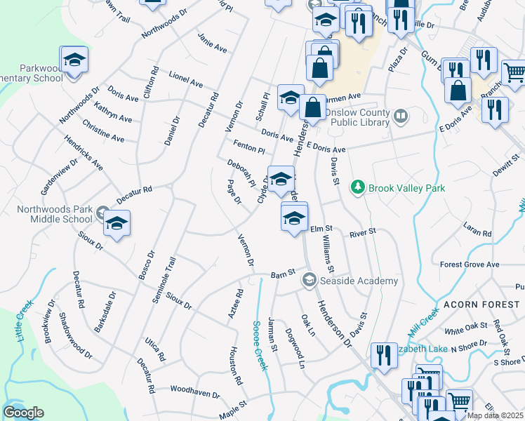 map of restaurants, bars, coffee shops, grocery stores, and more near 602 Clyde Dr in Jacksonville
