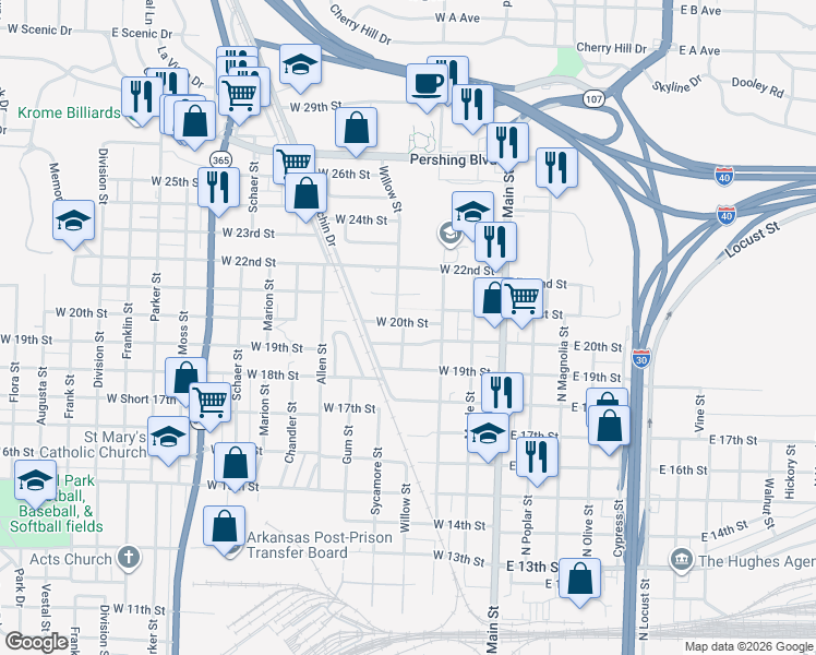 map of restaurants, bars, coffee shops, grocery stores, and more near 330 West 21st Street in North Little Rock
