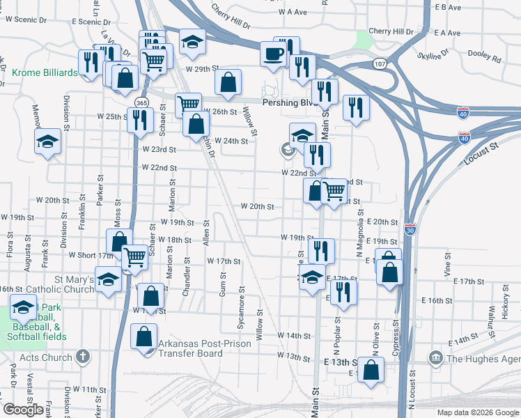 map of restaurants, bars, coffee shops, grocery stores, and more near 330 West 21st Street in North Little Rock