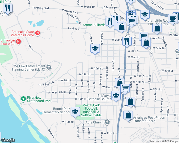 map of restaurants, bars, coffee shops, grocery stores, and more near 1617 West 20th Street in North Little Rock