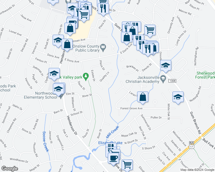 map of restaurants, bars, coffee shops, grocery stores, and more near 208 Julia Court in Jacksonville