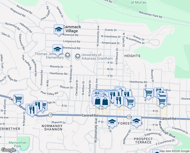 map of restaurants, bars, coffee shops, grocery stores, and more near 2323 North Garfield Street in Little Rock