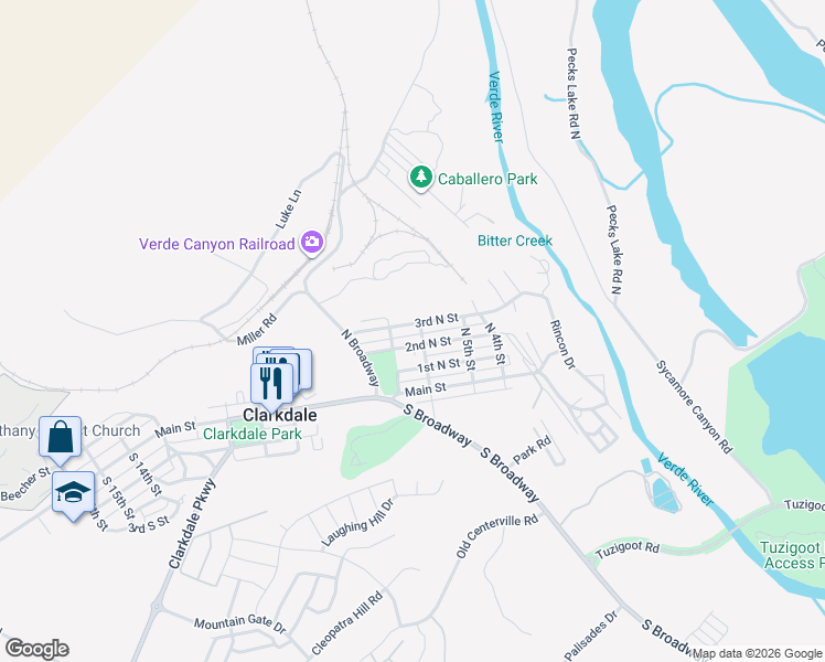 map of restaurants, bars, coffee shops, grocery stores, and more near 604 3rd North Street in Clarkdale