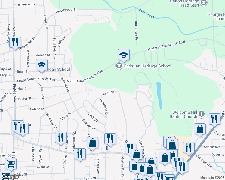 map of restaurants, bars, coffee shops, grocery stores, and more near 131 Keith Street in Dalton