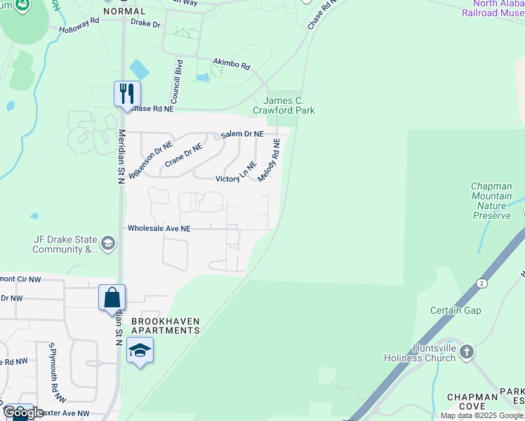 map of restaurants, bars, coffee shops, grocery stores, and more near 3705 Wholesale Circle Northeast in Huntsville