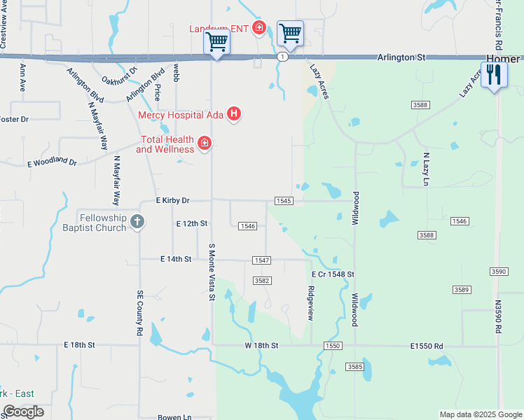 map of restaurants, bars, coffee shops, grocery stores, and more near 18161 County Road 1545 in Ada