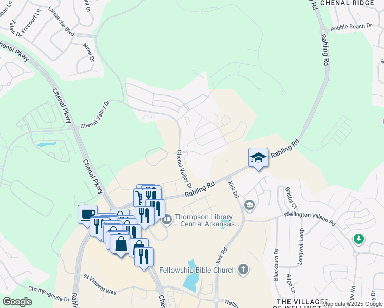 map of restaurants, bars, coffee shops, grocery stores, and more near 1 Chenal Village Circle in Little Rock