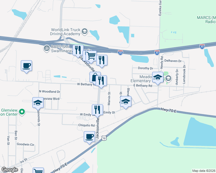 map of restaurants, bars, coffee shops, grocery stores, and more near 207 East Bethany Road in North Little Rock