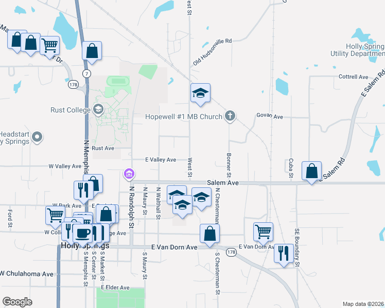 map of restaurants, bars, coffee shops, grocery stores, and more near 337A West Street in Holly Springs