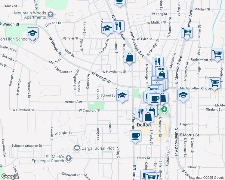 map of restaurants, bars, coffee shops, grocery stores, and more near 503 West Waugh Street in Dalton