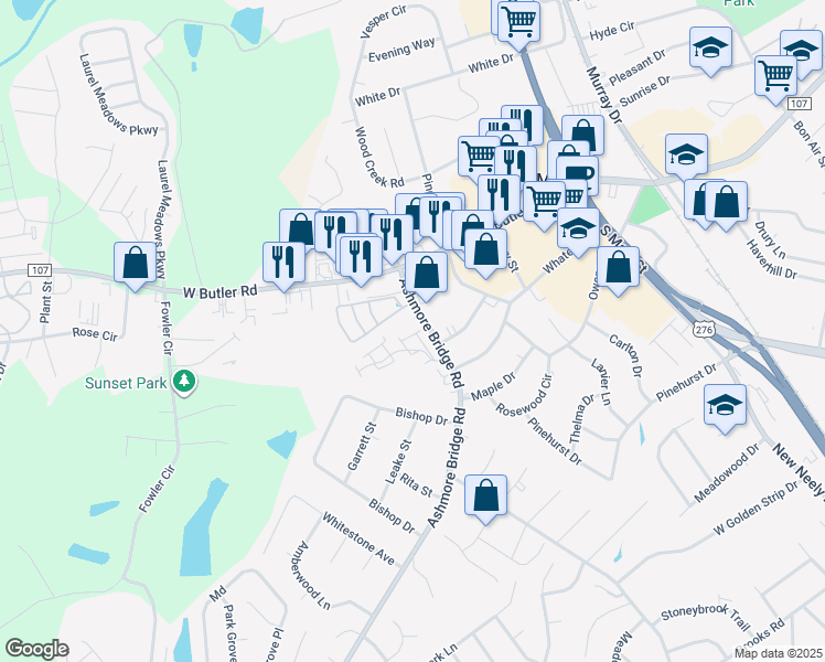 map of restaurants, bars, coffee shops, grocery stores, and more near 113 Ashmore Bridge Road in Mauldin