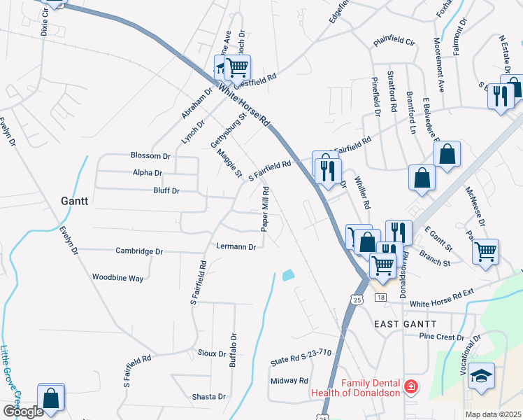 map of restaurants, bars, coffee shops, grocery stores, and more near 5 Paper Mill Road in Greenville