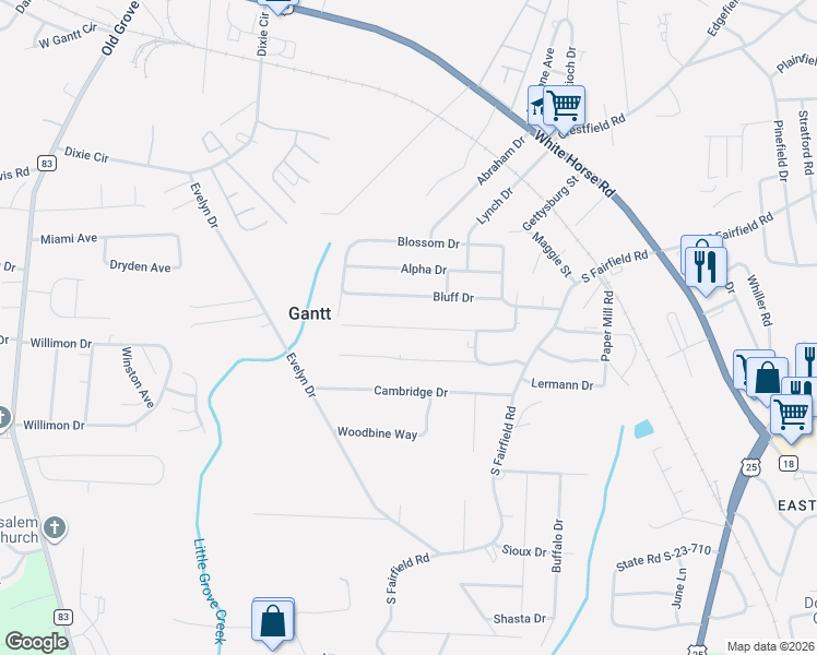 map of restaurants, bars, coffee shops, grocery stores, and more near 209 Bluff Drive in Greenville