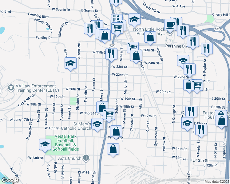 map of restaurants, bars, coffee shops, grocery stores, and more near 813 West 20th Street in North Little Rock