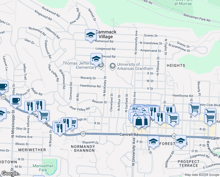 map of restaurants, bars, coffee shops, grocery stores, and more near 2414 North McKinley Street in Little Rock