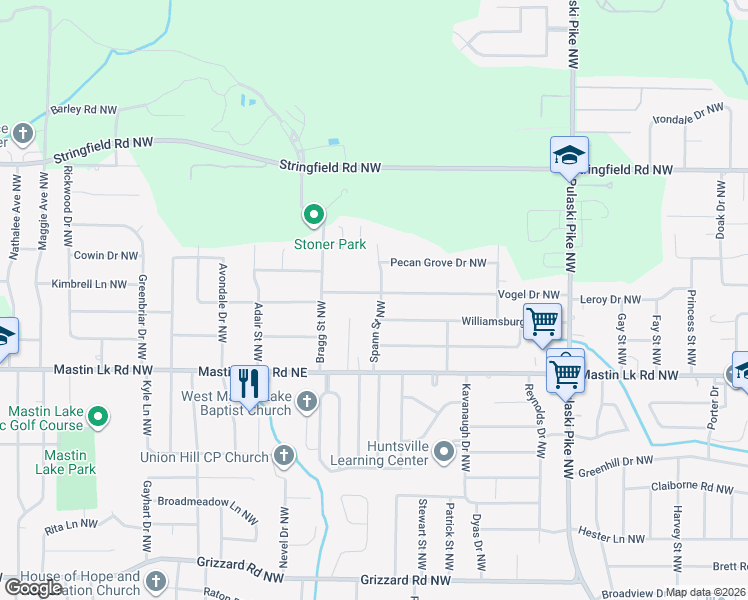 map of restaurants, bars, coffee shops, grocery stores, and more near 3900 Vogel Drive Northwest in Huntsville