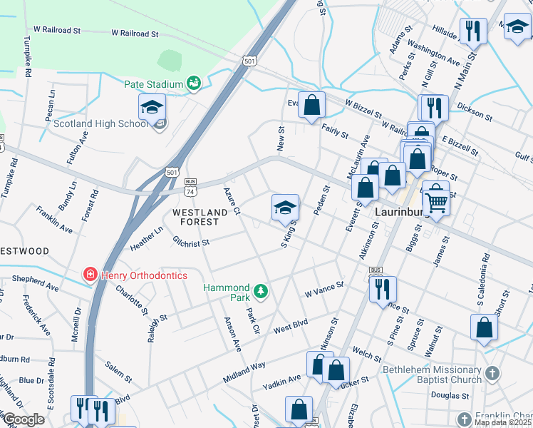 map of restaurants, bars, coffee shops, grocery stores, and more near 519 Malcolm Street in Laurinburg