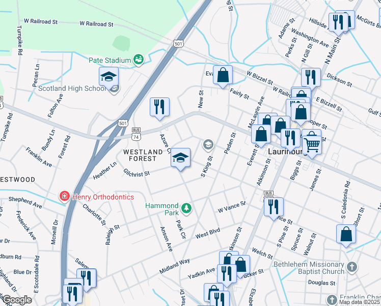map of restaurants, bars, coffee shops, grocery stores, and more near 519 Malcolm Street in Laurinburg