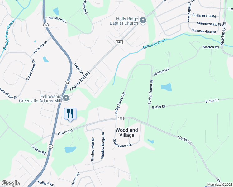 map of restaurants, bars, coffee shops, grocery stores, and more near 344 Spring Forest Drive in Simpsonville