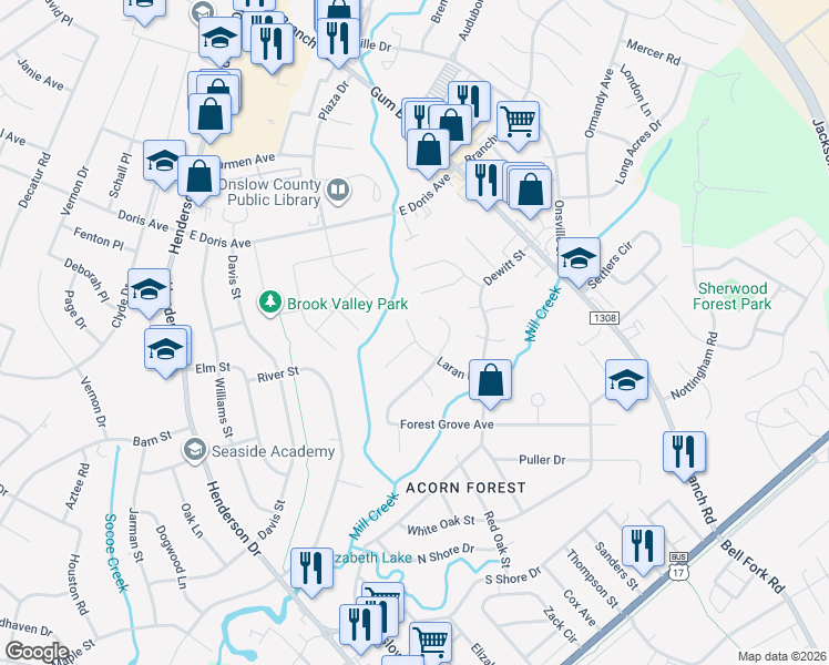 map of restaurants, bars, coffee shops, grocery stores, and more near 136 Loren Road in Hubert