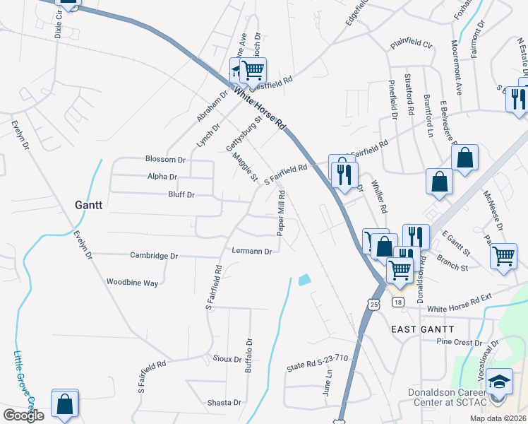 map of restaurants, bars, coffee shops, grocery stores, and more near 5 Paper Mill Road in Greenville