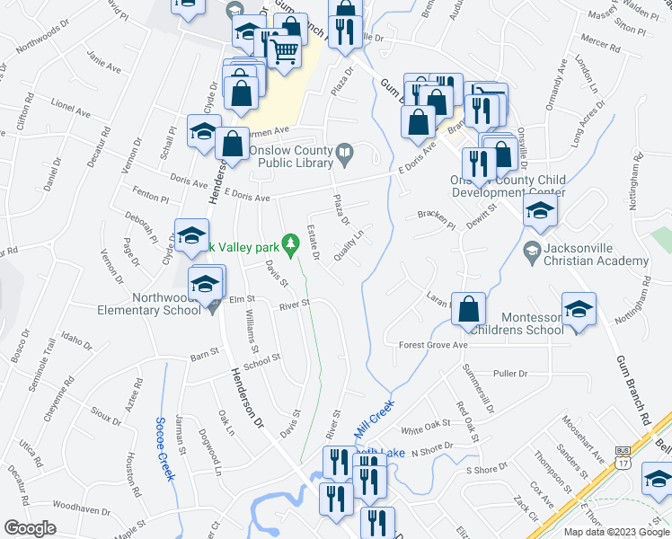 map of restaurants, bars, coffee shops, grocery stores, and more near 305 Quality Lane in Jacksonville