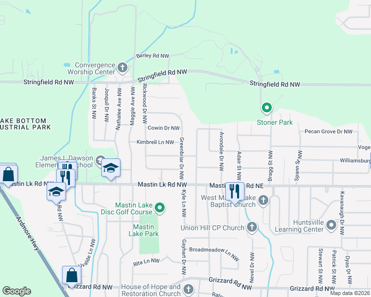 map of restaurants, bars, coffee shops, grocery stores, and more near 3525 Rosedale Drive Northwest in Huntsville